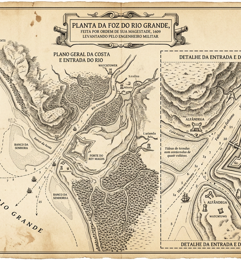 A foz do Rio Grande: planta geral (1609) Fonte: MORENO, Diogo de Campos. Relação das Praças Fortes coisas de importância que Sua Majestade tem na costa do Brasil. 1609. Arquivo Nacional da Torre do Tombo. (PT/TT/MR/1/68). Imagem cedida pela ANTT.